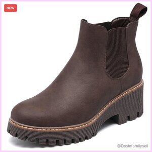 Chunky Platform Chelsea Boots Slip On Suede Leather Ankle Boots Women